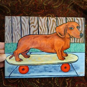Skateboarding Dachshund Art Tile by Schmetz 8 X 6